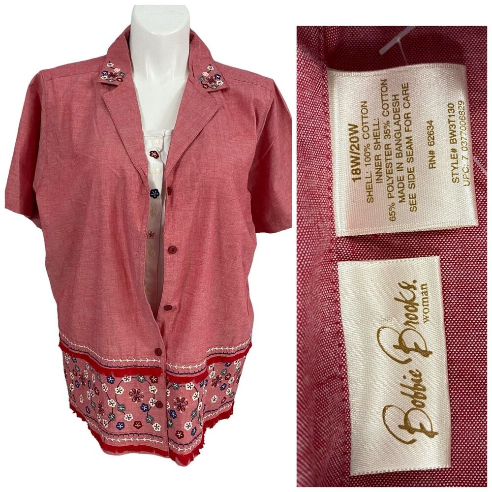 Bobbie Brooks Shirt Womens Size 20W Red 2X Embroidered Floral Work Office Casual